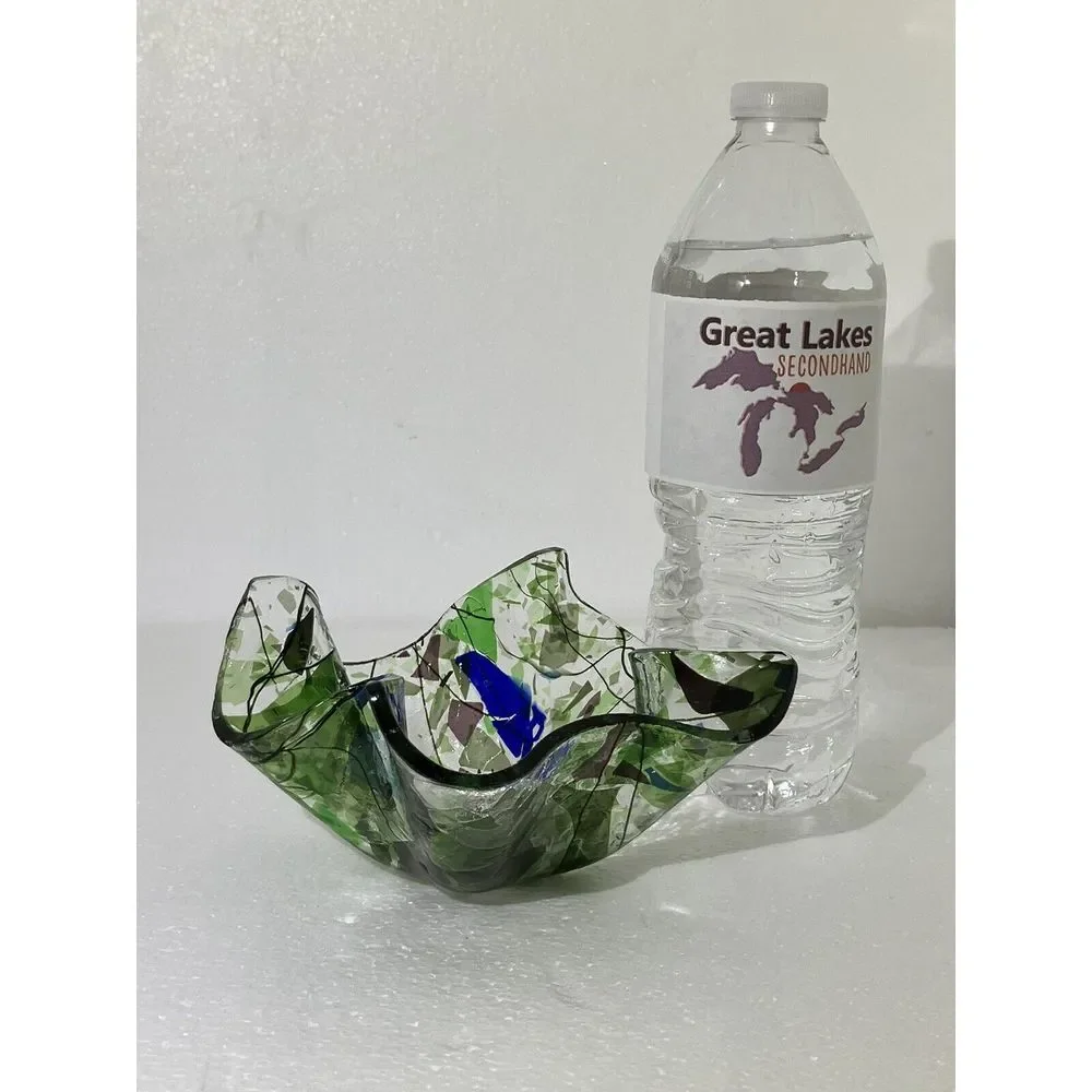 Folded  Hankerchif Clear W/ Blue‎ Green Glass / Votive Holder / With Flower Frog